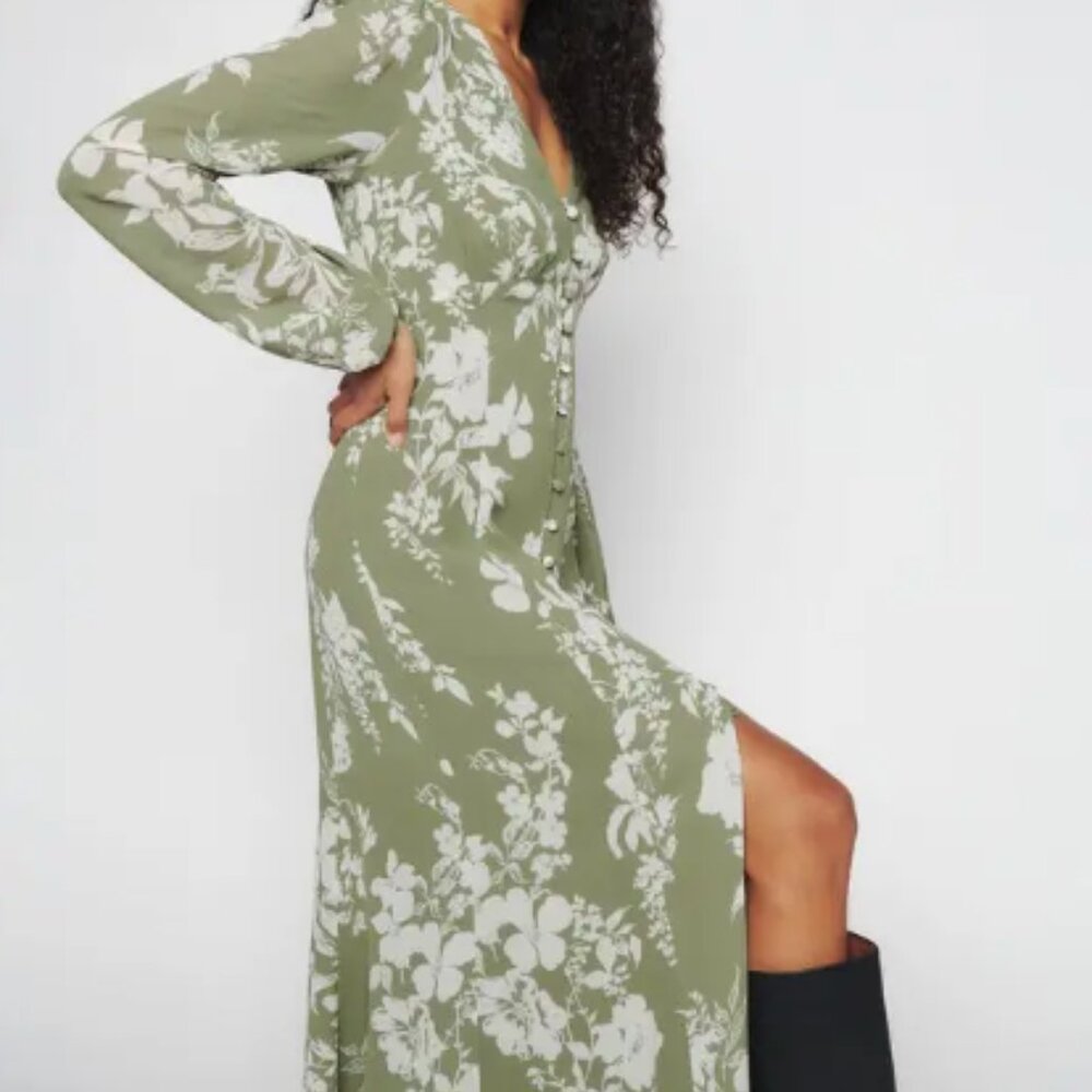 Reformation Olive Green and White Floral Long Sleeve Maxi Dress